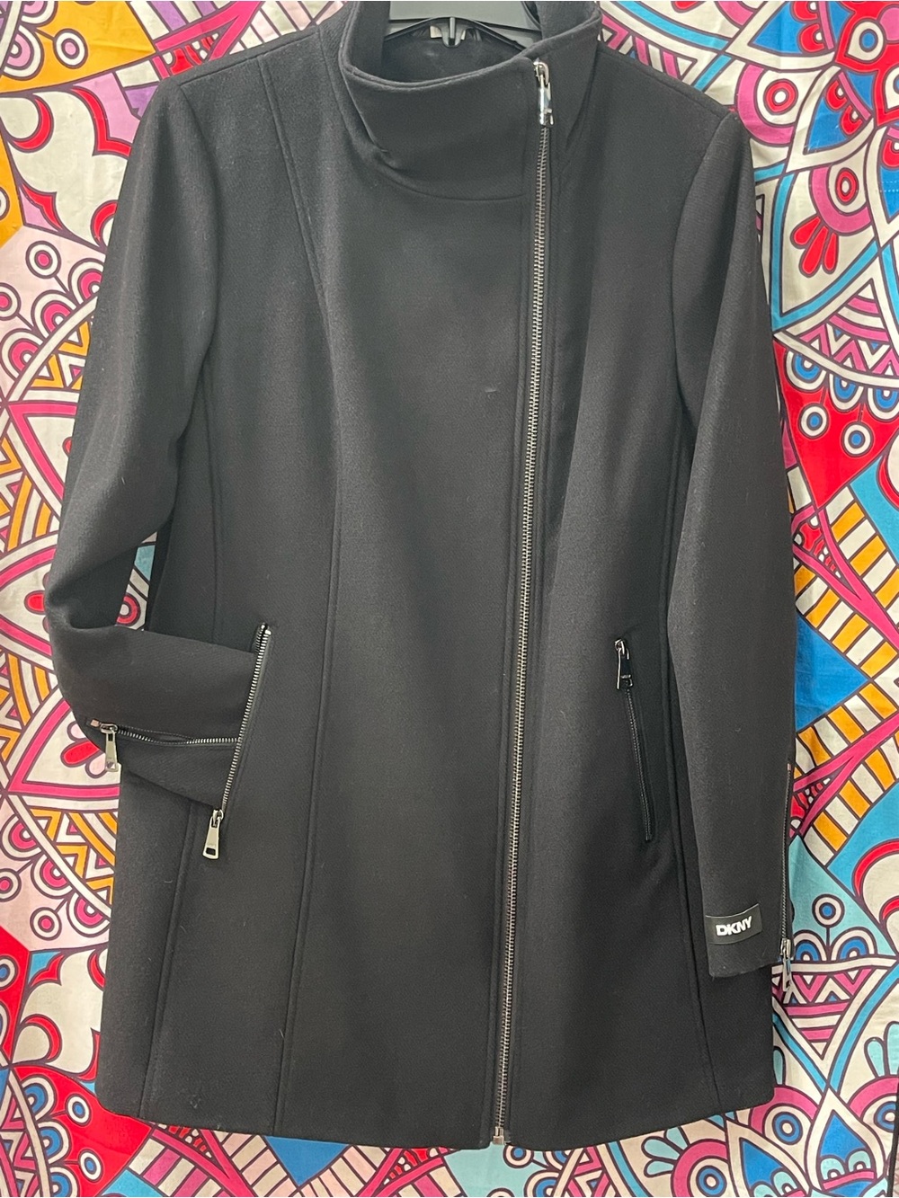 DKNY Women’s Asymmetrical Zip Wool Blend Coat Black Size Large NWT